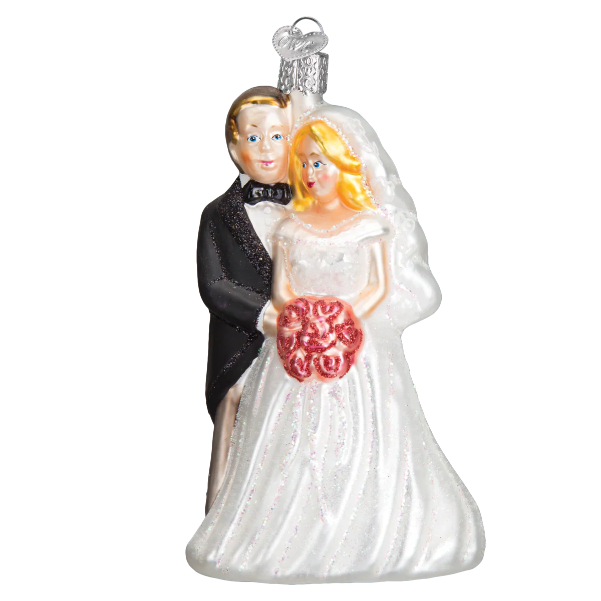 Glass bridal couple ornament featuring a bride in white gown with red bouquet and groom in black tuxedo lighted decor