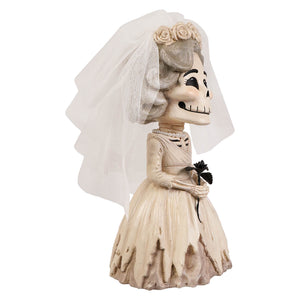 Bride evangeline skelly cream skeleton decor figure dressed as bride with lace veil pearl necklace holding black rose