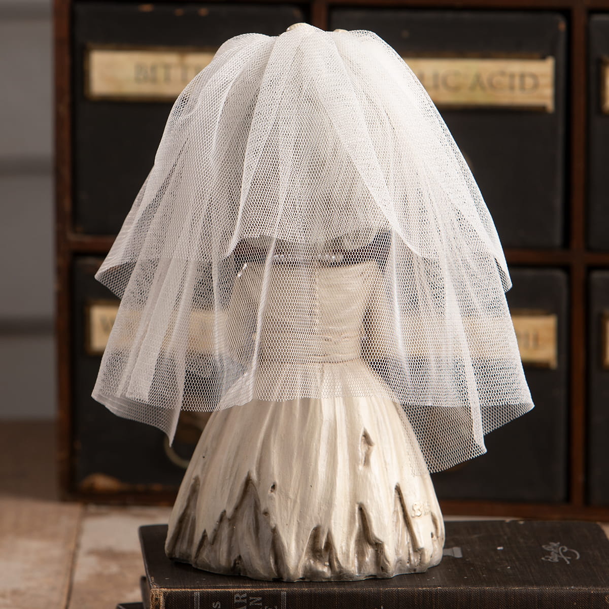 A delicate white tulle veil drapes over bride evangeline skelly skeleton decor figure in off-white rustic gown