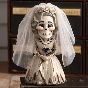 Bride evangeline skelly skeleton decor figure in off-white with lace veil floral headpiece and pearl necklace