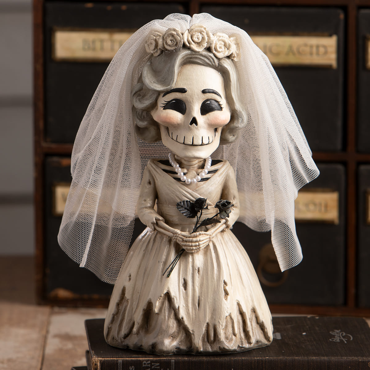Beige skeleton bride figurine skelly with lace veil pearl necklace and black roses perfect for skeleton decor figures and ornaments