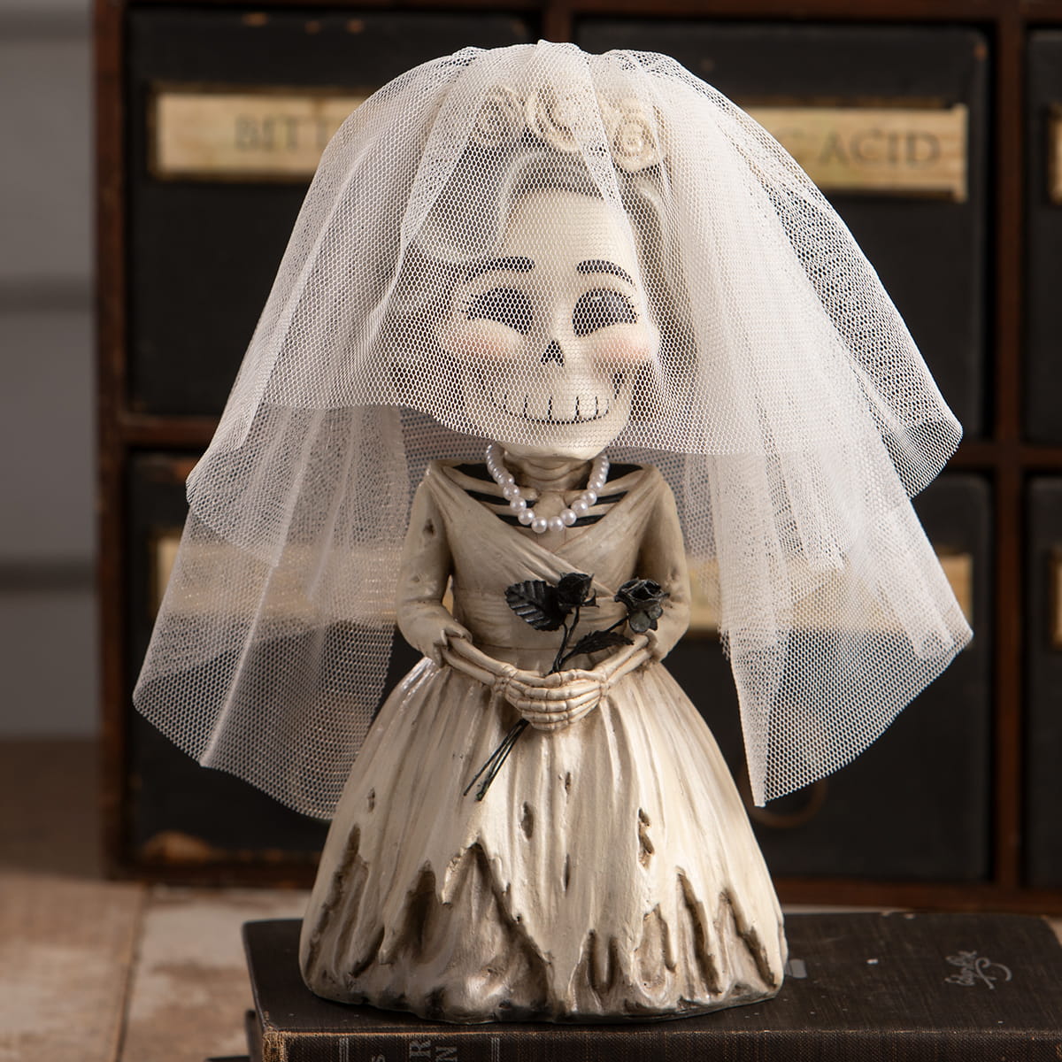 Whimsical bride evangeline skelly skeleton decor figure in cream lace wedding gown with delicate white veil