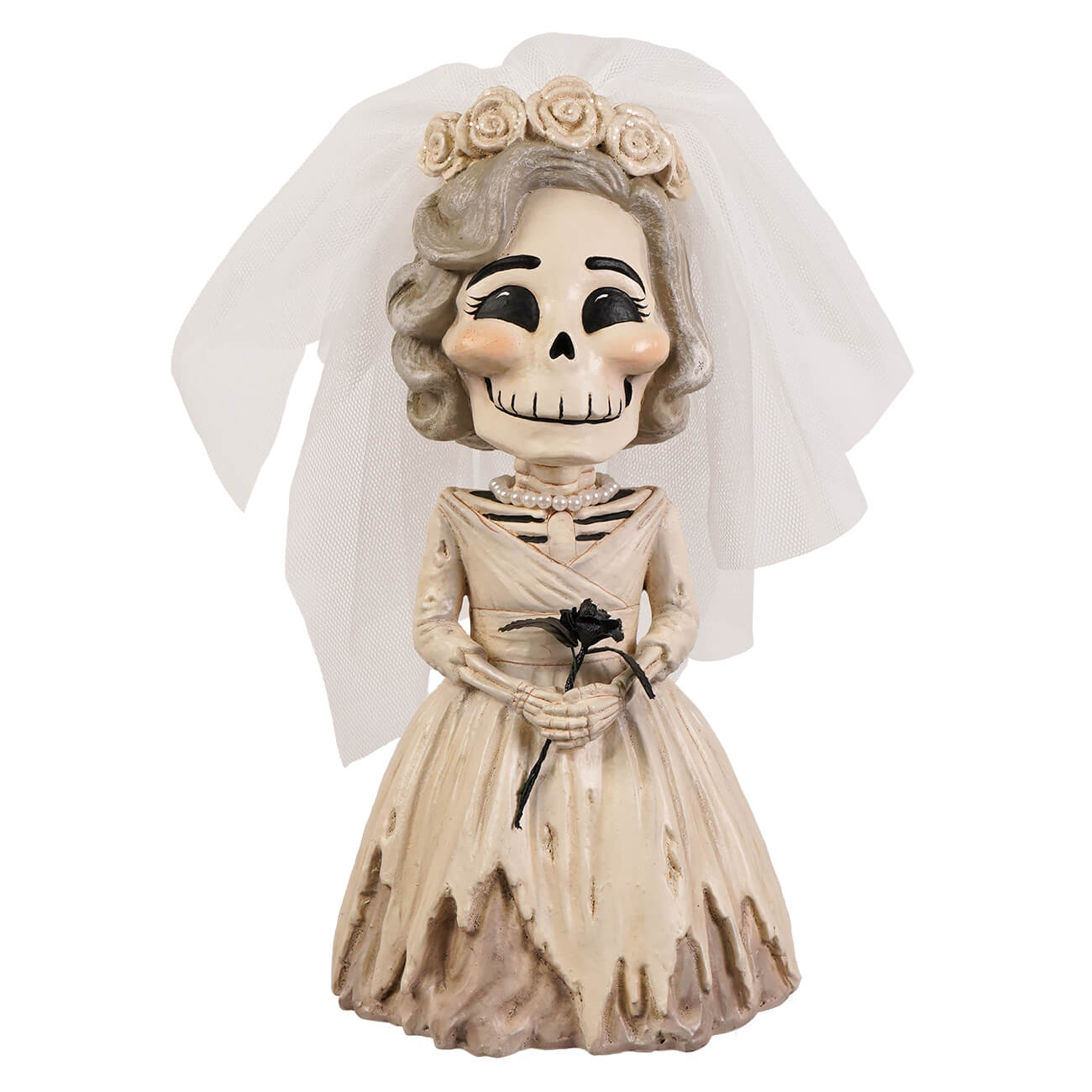 Beige skeleton bride figurine skelly with white veil pearl necklace and rose headpiece perfect skeleton decor figure