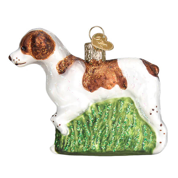 Brittany spaniel ornament featuring a hand-painted ceramic dog perfect for holiday tree decoration
