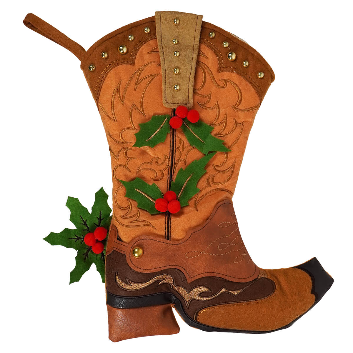Brown holly cowboy boot stocking with green holly, red berries, stitched patterns, and metallic studs for rootin tootin holiday hanger