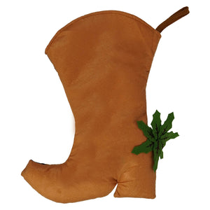Tan suede-like holly cowboy boot stocking with green felt holly leaf perfect for rootin tootin holiday hanger