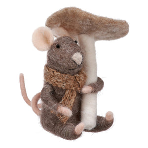 Brown mushroom mouse critter made of felt hugging a mushroom wearing a knitted scarf switch mouse critter ornament
