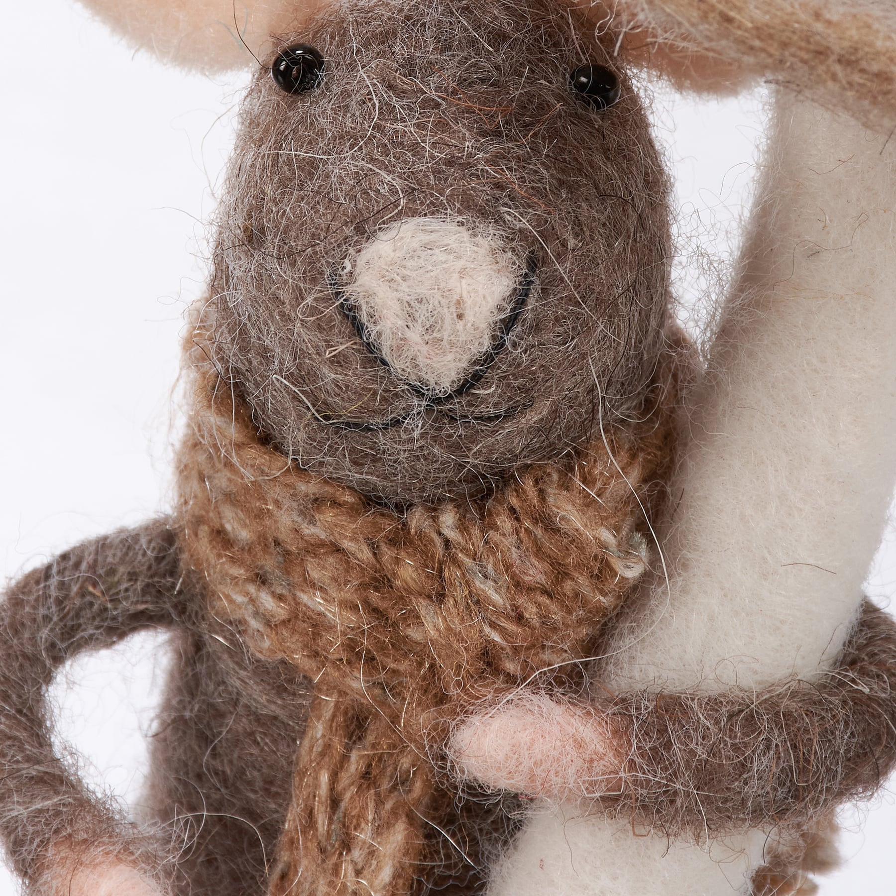 Brown mushroom mouse critter felt mouse ornament with textured brown body white nose and knitted scarf perfect witch switch decor