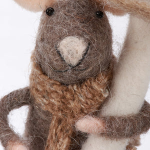 Brown mushroom mouse critter felt mouse ornament with textured brown body white nose and knitted scarf perfect witch switch decor