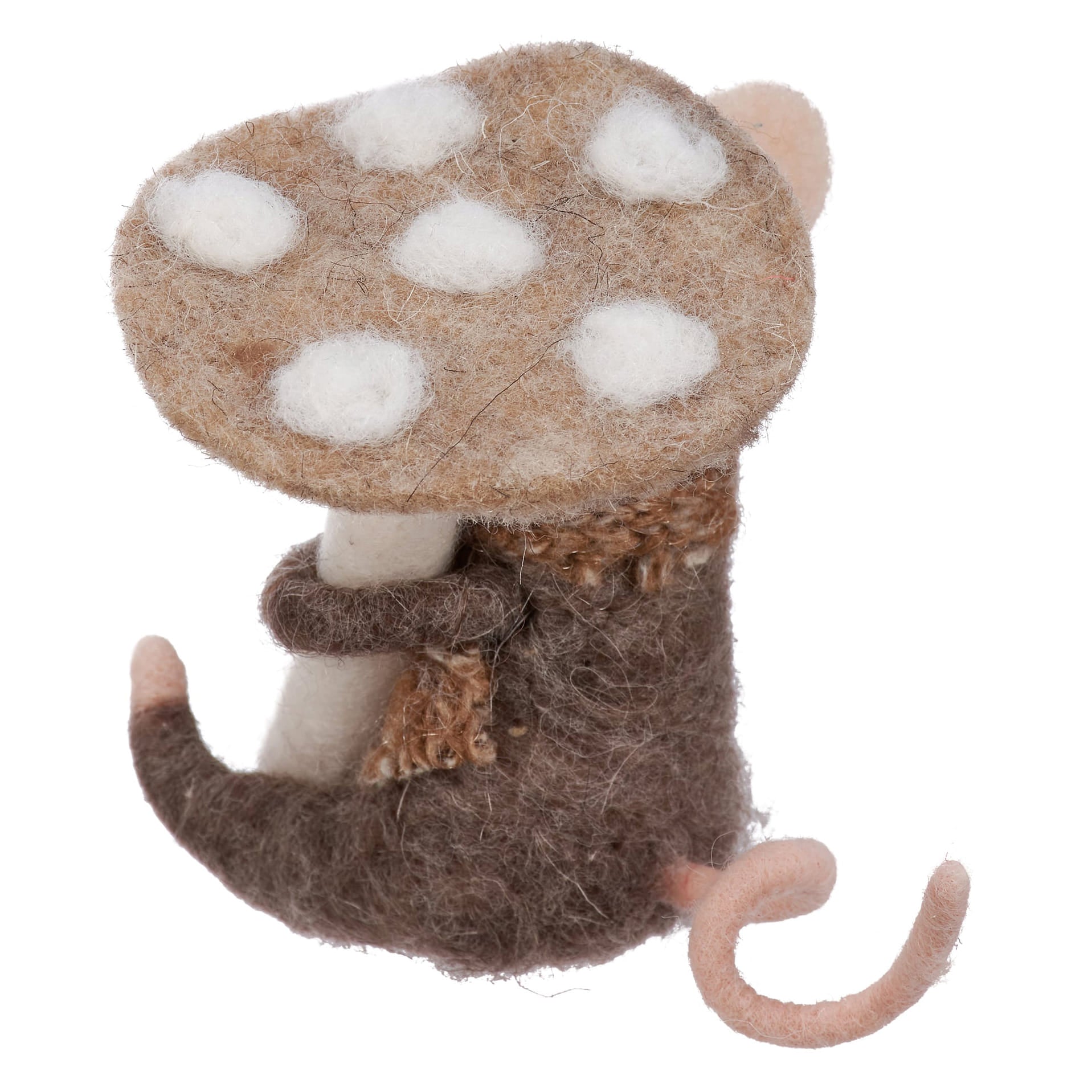 Brown mushroom mouse critter felt mouse with white spotted mushroom cap wearing knitted scarf switch mouse critter