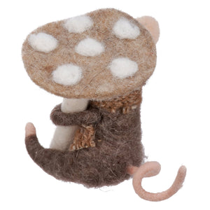 Brown mushroom mouse critter felt mouse with white spotted mushroom cap wearing knitted scarf switch mouse critter