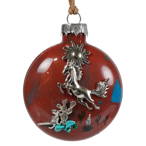 Brown southwestern horse glass ornament with red glass, silver rearing horse, sun, cactus, and turquoise accents