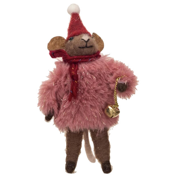 Plush monkey toy wearing a pink fuzzy coat, red hat, and scarf, holding a small bell.