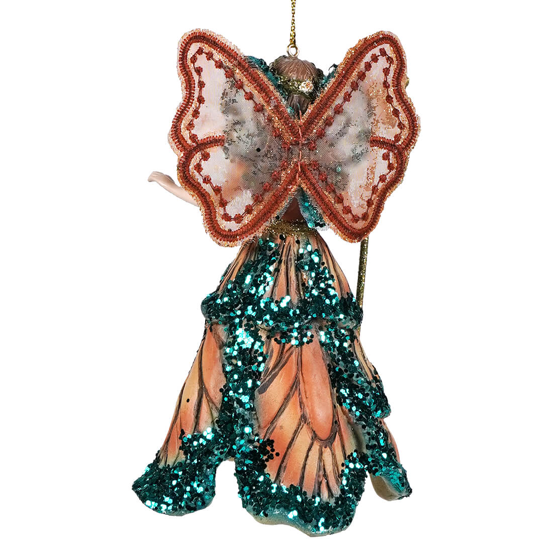 Brunette fairy queen ornament with translucent butterfly wings and teal sequined gown perfect as a spring ornament