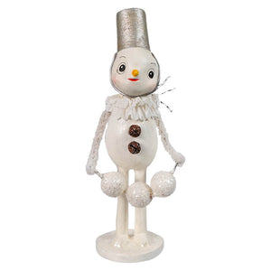 White snowman figurine bucket head snowman with silver glitter top hat and brown buttons from bethany lowe designs christmas snowman figures and decor