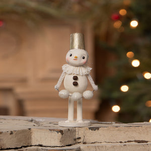 Bucket head snowman from bethany lowe designs white snowman figurine with gold top hat and ruffled collar christmas snowman decor