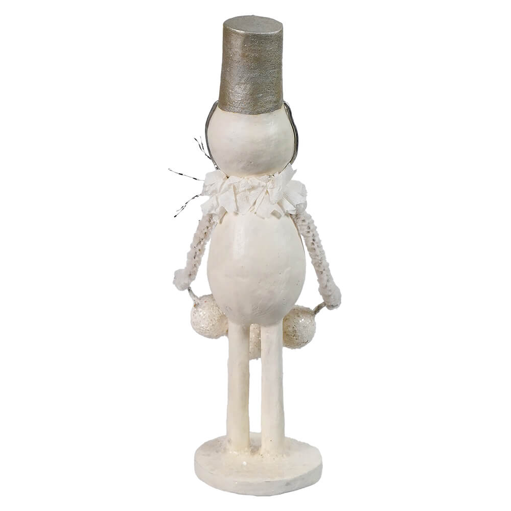 White painted wooden bucket head snowman figurine with silver top hat and fabric ruffles from bethany lowe designs christmas snowman figures decor