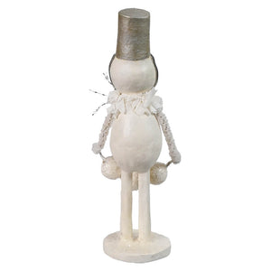 White painted wooden bucket head snowman figurine with silver top hat and fabric ruffles from bethany lowe designs christmas snowman figures decor