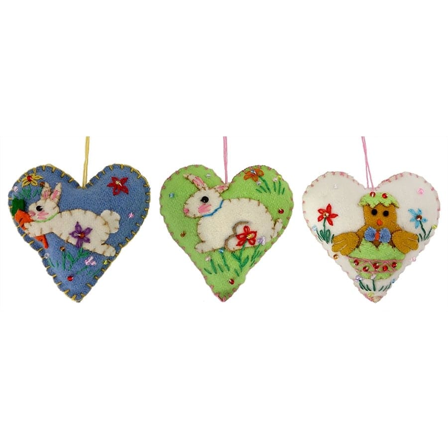 Bunnies & Chick Heart Ornaments Set/3