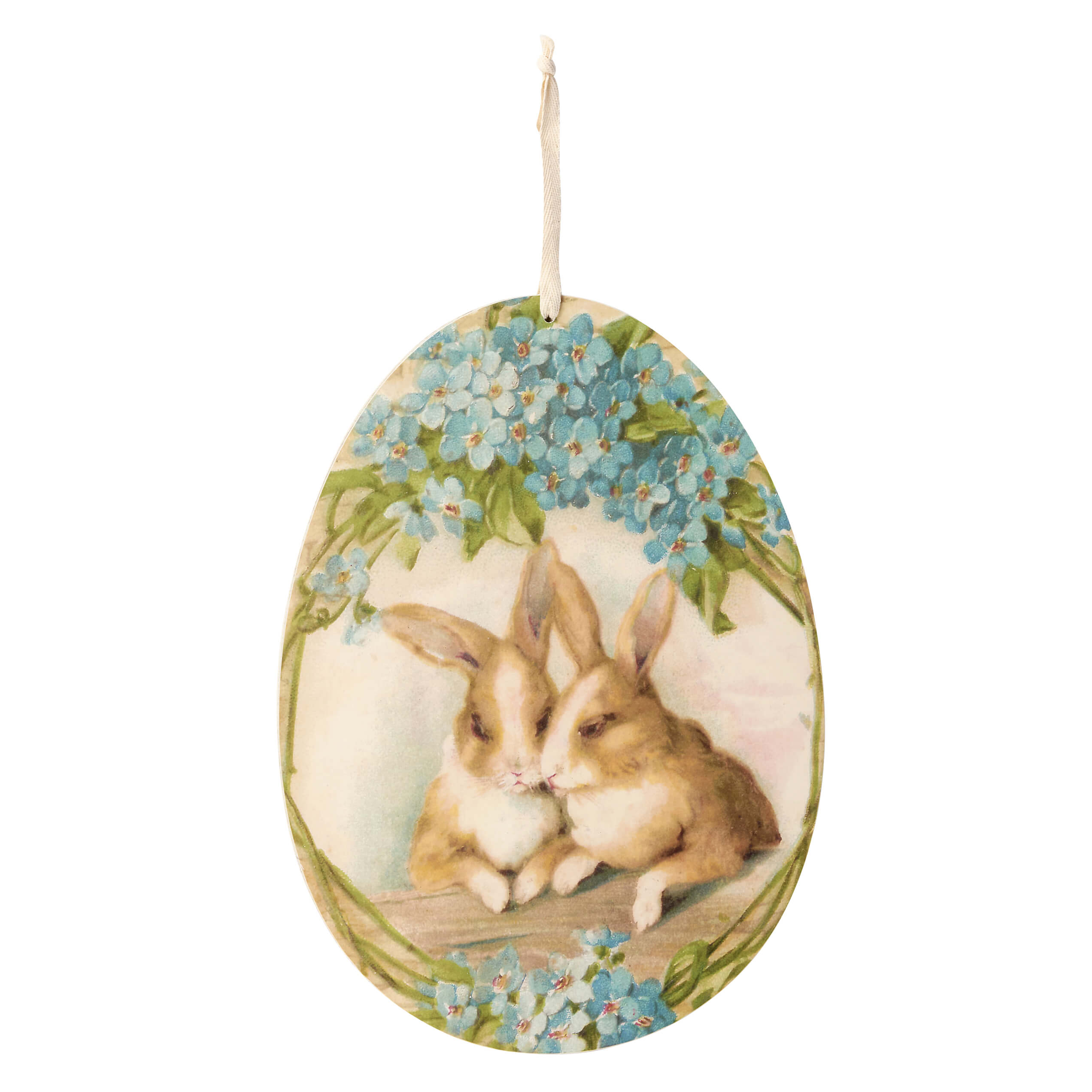 Egg shaped hanging wooden wall decor with two brown bunnies under a wreath of blue spring flowers