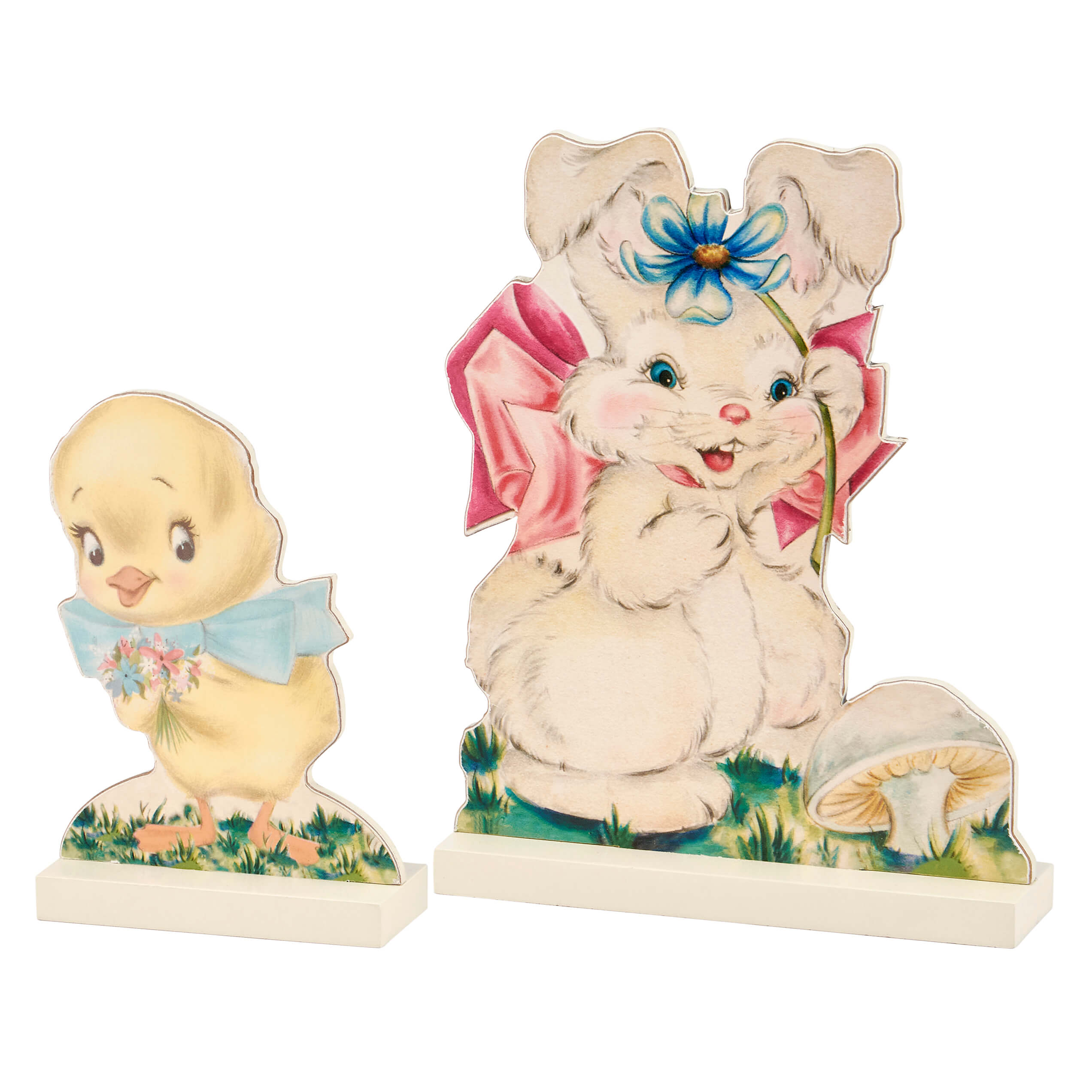 Vintage Easter decorations featuring a baby chick and bunny with pastel bows and flowers.