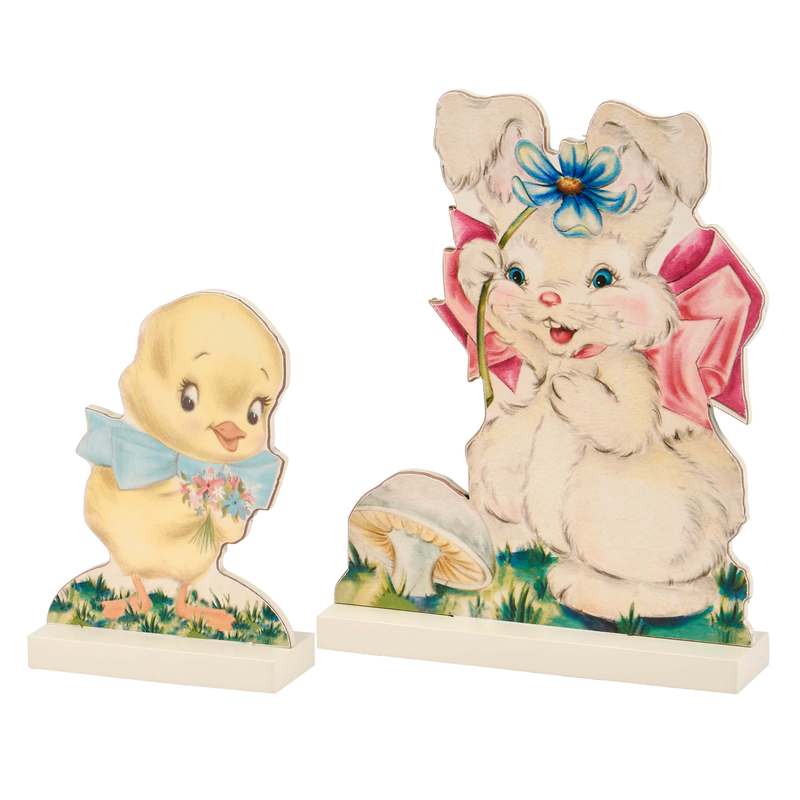 Vintage-style Easter decorations featuring a yellow chick and white bunny with bows and flowers.