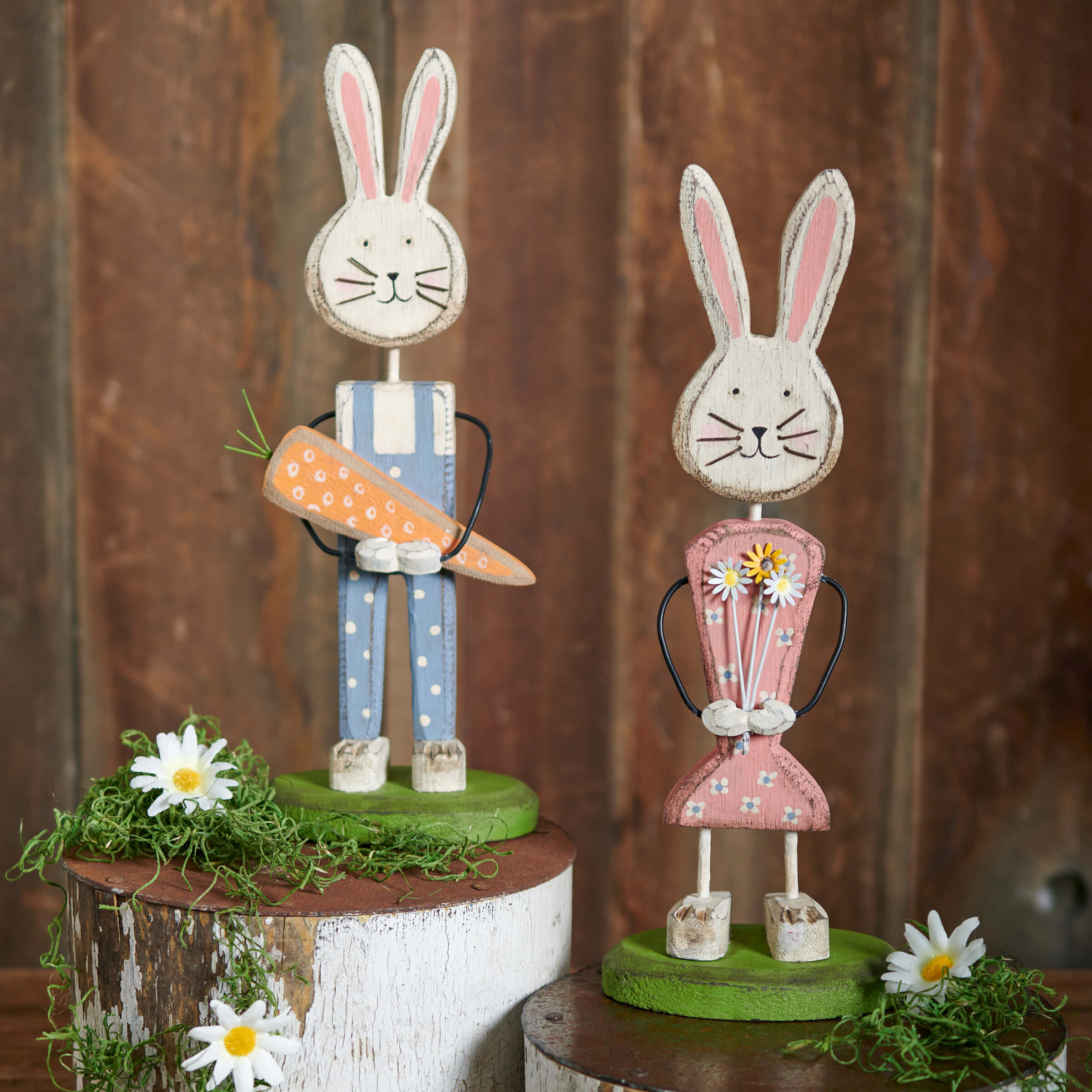 Rustic wooden bunny couple stand-up set with bunny wearing blue overalls holding carrot and pink floral dress bunny