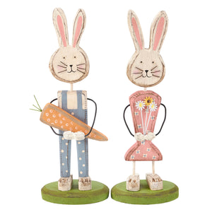 A wooden bunny couple stand-up set with a bunny wearing blue polka-dot overalls and a female in pink floral dress