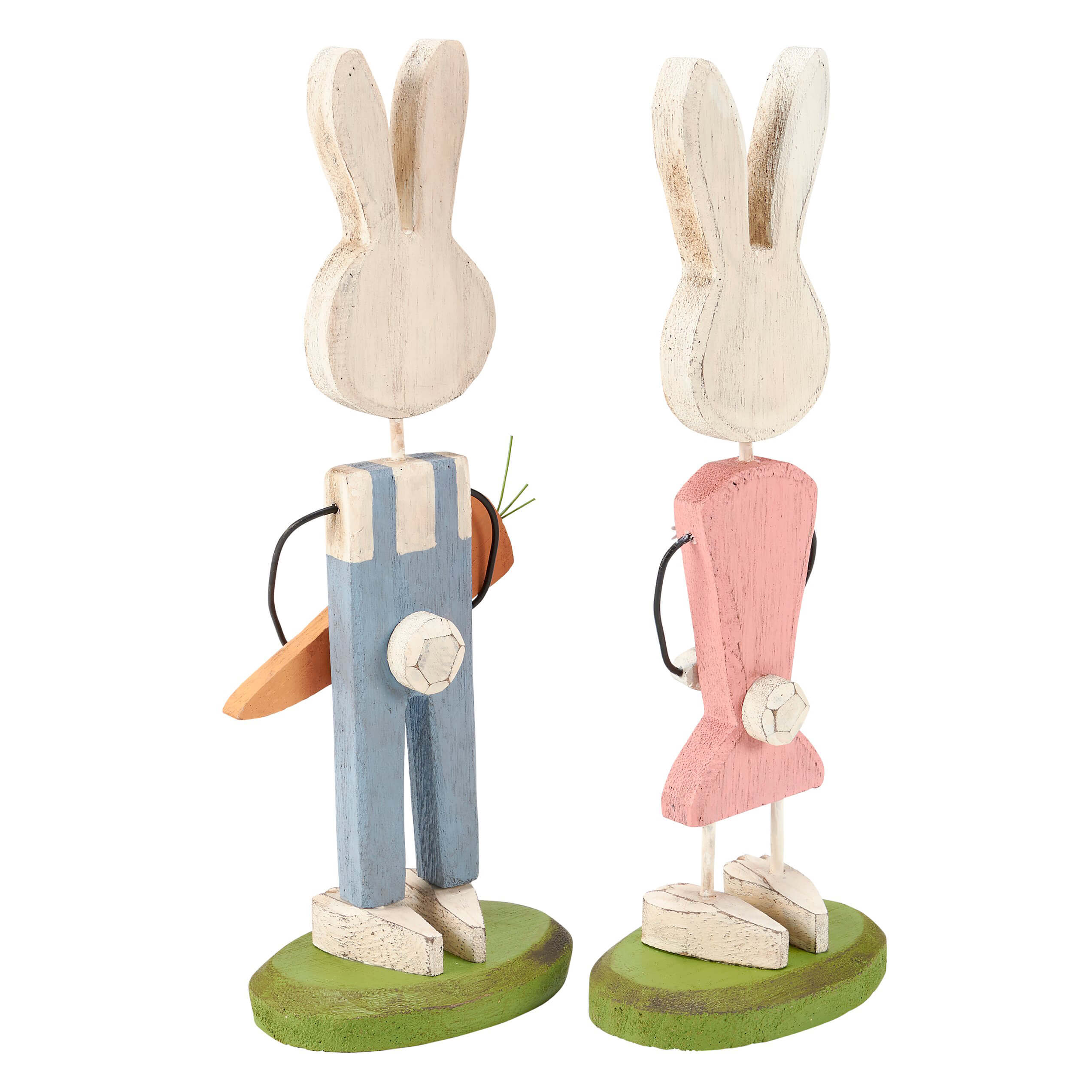Two wooden easter bunny couple stand-up figurines with white heads green bases bunny wearing blue overalls and pink dress