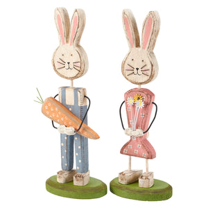 Rustic wooden bunny couple stand up set with bunny wearing blue polka-dot overalls and pink floral dress