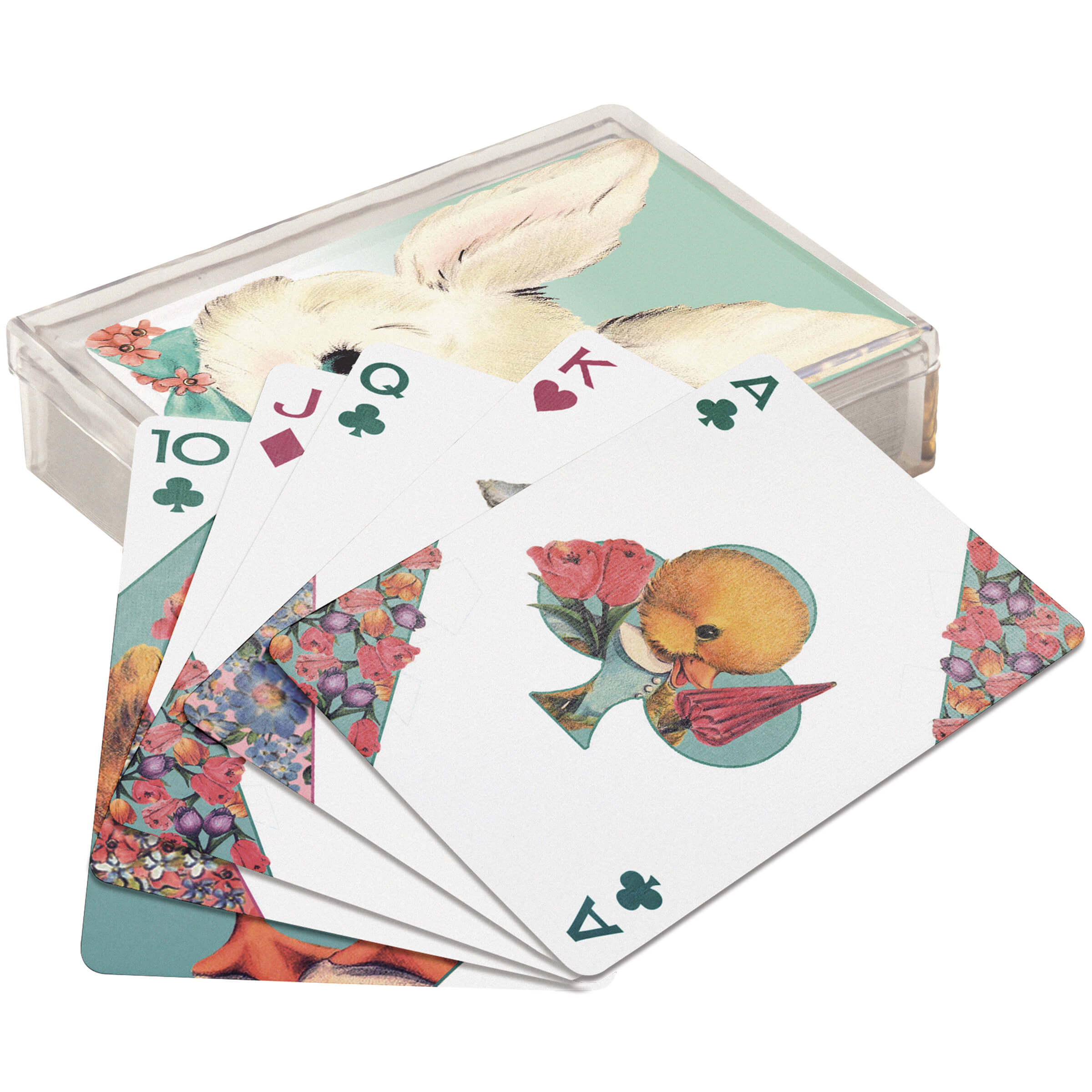 Playing cards with a bunny and floral design in a clear plastic case.