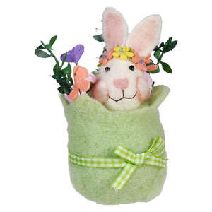 Plush Easter bunny with flowers in a mint green felt container tied with a checkered ribbon bow.