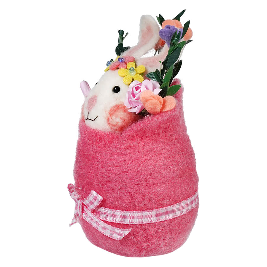 Pink felt Easter egg-shaped decoration with a bunny head and floral crown.