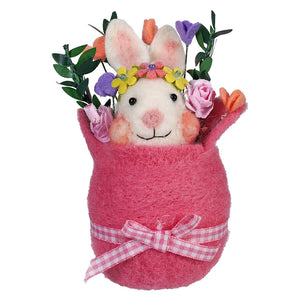 Pink felt bunny planter decorated with flowers and a gingham bow.