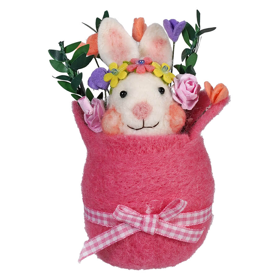 Pink felt bunny planter decorated with flowers and a gingham bow.