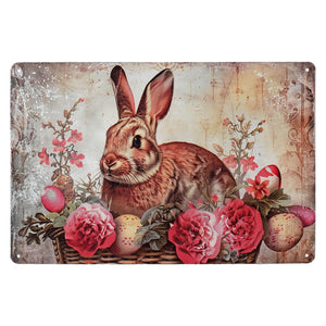 Vintage-style metal sign featuring a brown bunny in a basket surrounded by pink flowers and easter eggs metal design