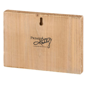 Light-colored wooden bunny love block sign with hanging hole and engraved primitives by kathy logo