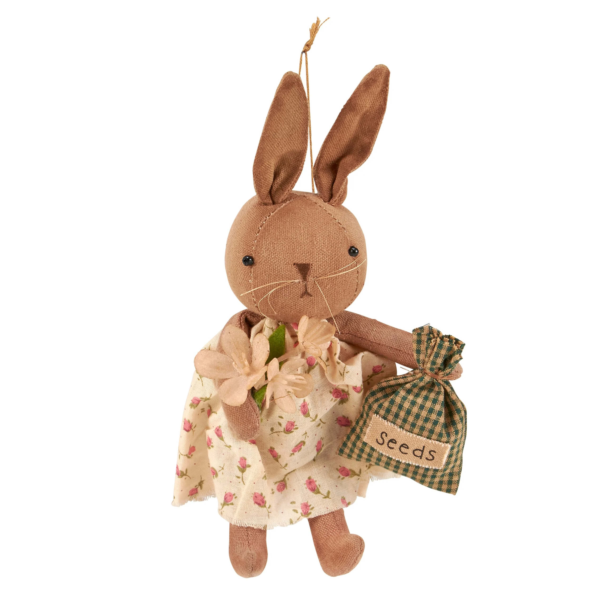 A rustic brown fabric bunny ornament by kathy easter design wearing a floral dress and holding a seeds bag perfect easter ornaments