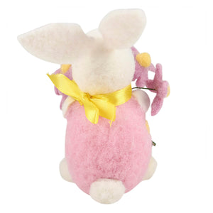 Pink felt sunny bunny ornament with white ears and tail wearing a yellow ribbon bow and holding a bouquet