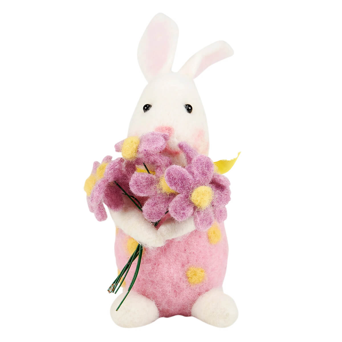 A small soft pink felt bunny ornament with white ears and paws holding a purple bouquet sunny bunny decor