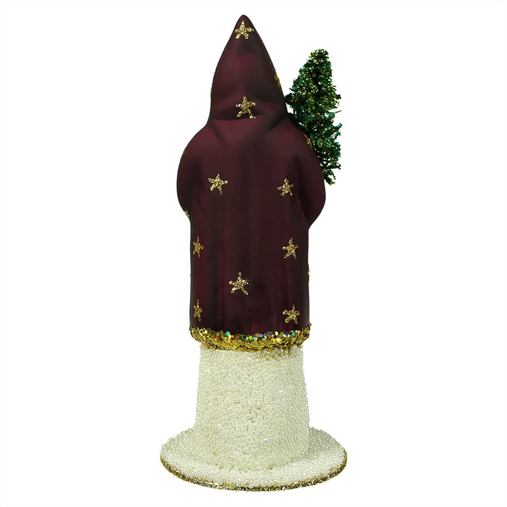 Burgundy Santa Decorated with Gold Stars Holding Tree