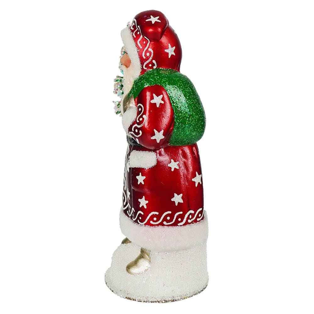 Burgundy White Santa Holding Green Sack