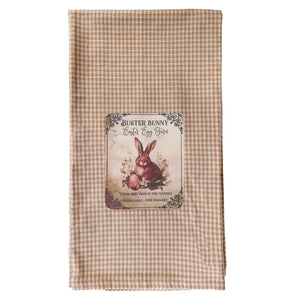Beige and brown checkered kitchen towel with vintage buster bunny easter design and bunny easter egg illustration