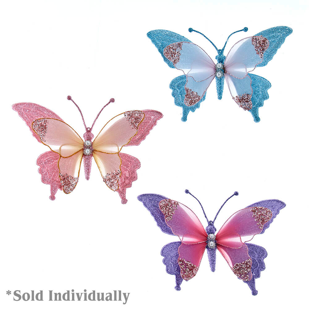 Three pastel pink blue and purple butterfly clip-on ornaments with glittery wings and pearl centers by kurt adler