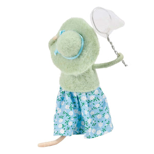A soft light green felt mouse critter dressed in a blue floral skirt and hat perfect for butterfly lovers