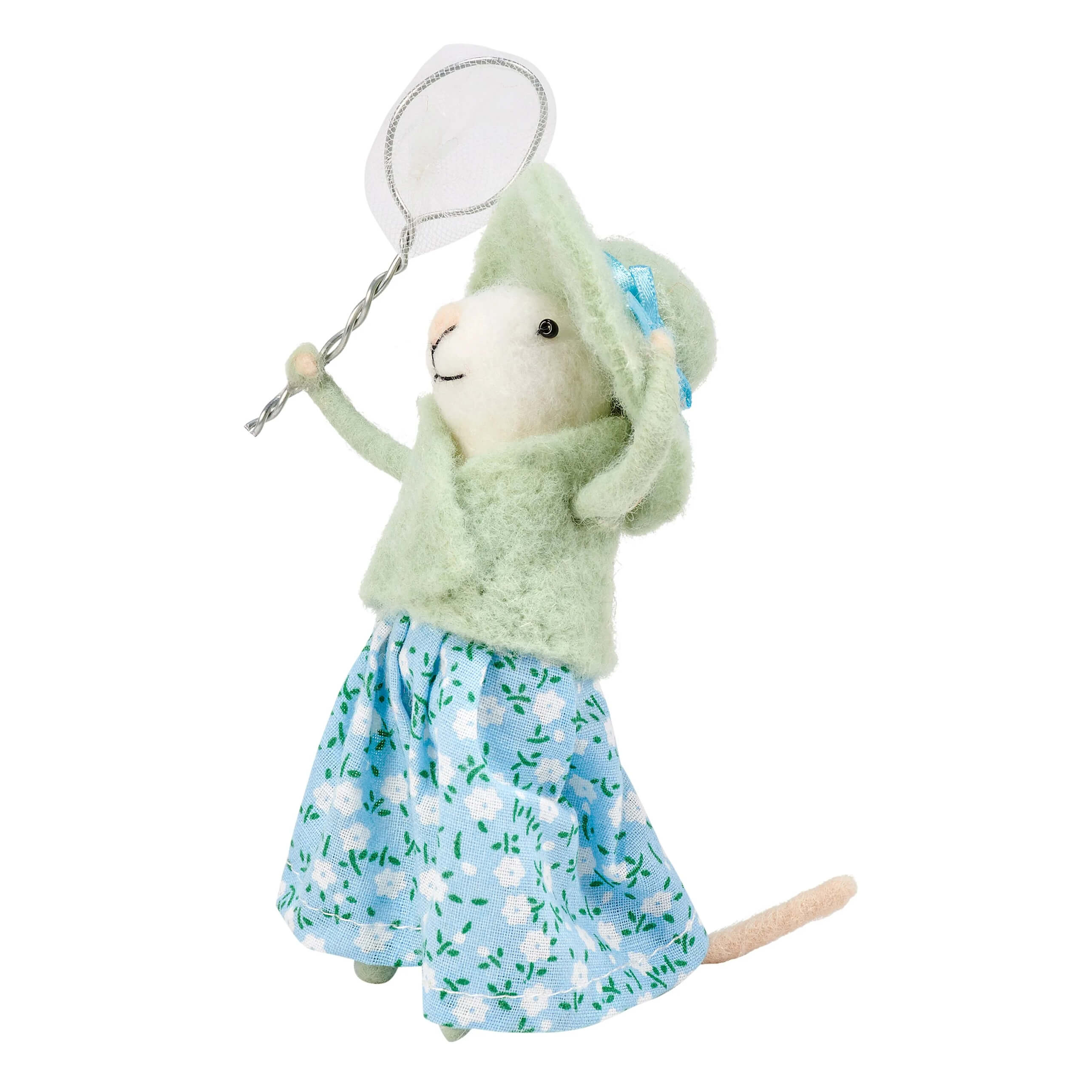 A soft mint green felt mouse critter dressed in a matching hat and sweater with a light blue floral skirt and butterfly net