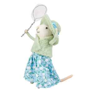 A soft mint green felt mouse critter dressed in a matching hat and sweater with a light blue floral skirt and butterfly net