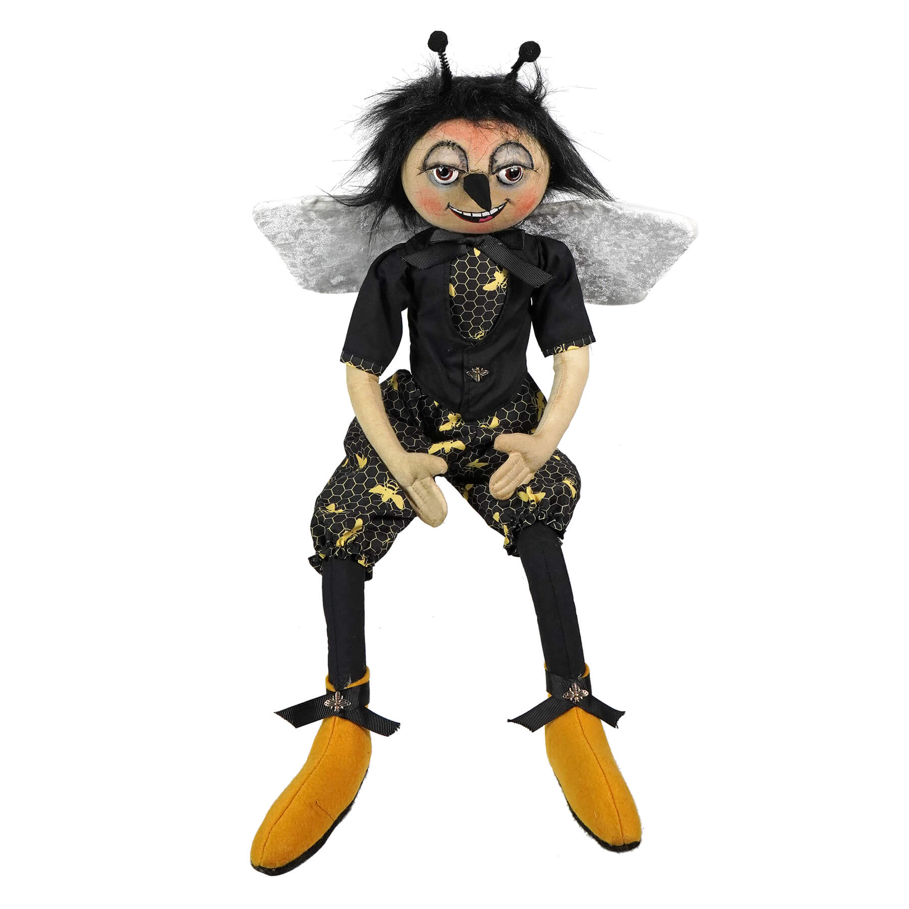 Buzzy bee joe spencer doll with black yellow bee theme embroidered wings patterned outfit and orange boots for easter decor