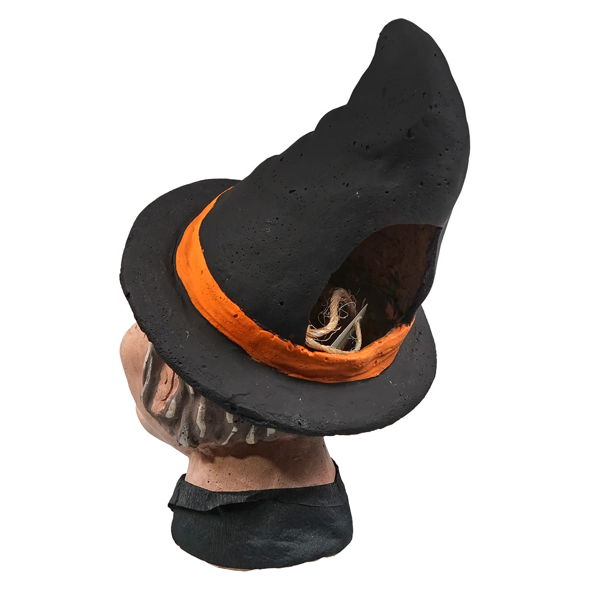 Black witch hat with bright orange band and twine inside as cackling witch lantern honest heirloom decor piece