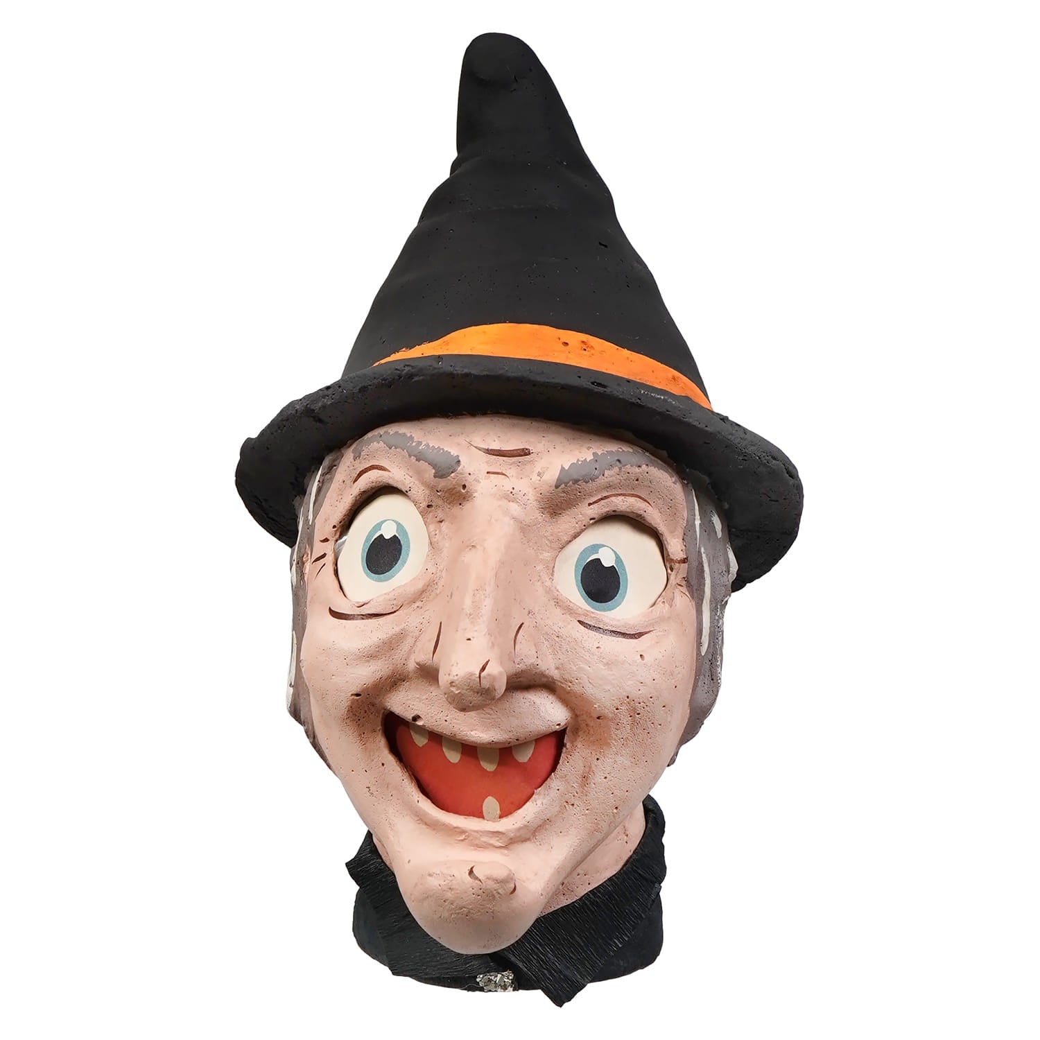 A cheerful painted cackling witch lantern with a black hat featuring an orange band and a wide toothy grin for honest heirloom decor